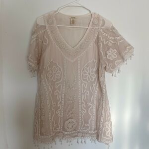 Sundance Cream Floral Embroidered Blouse Lined Tassle